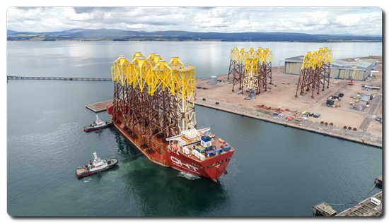 Offshore Jackets destined for Moray East Offshore Windfarm arrive at the Port of Nigg facility in the Cromarty Firth