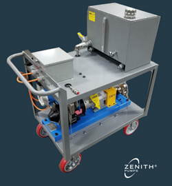 Moveable Cart utilizing a Zenith B-9000 Series rotary positive displacement pump specifically designed for single stream chemical duty applications.